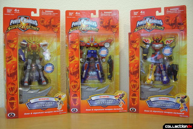 Retrofire Wild Force (L), High Octane (C), and Mighty Morphin' (R) Megazords (box front)