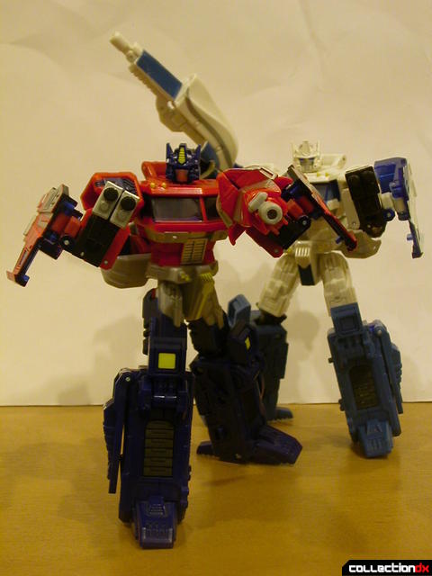 Autobots Optimus Prime (front) and Ultra Magnus (back) posed together in robot mode