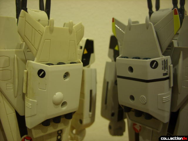 Origin of Valkyrie VF-1S (R) and 1990 reissue (L) in Battroid Mode (thruster pack comparison)