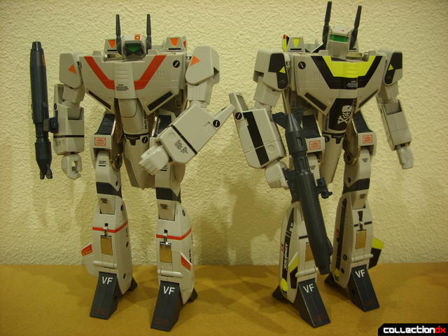 Origin of Valkyrie VF-1J (R) and VF-1S (L) in Battroid Mode