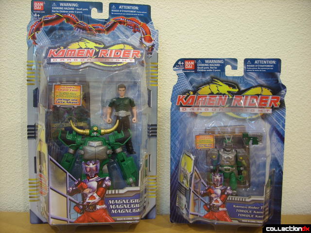 Magnugiga and Drew packaging (L) with Kamen Rider Torque packaging (R
