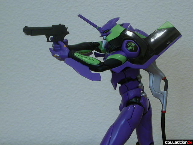 SOCSpec Evangelion Unit-01 posed-  firing Pellet Handgun (side view)